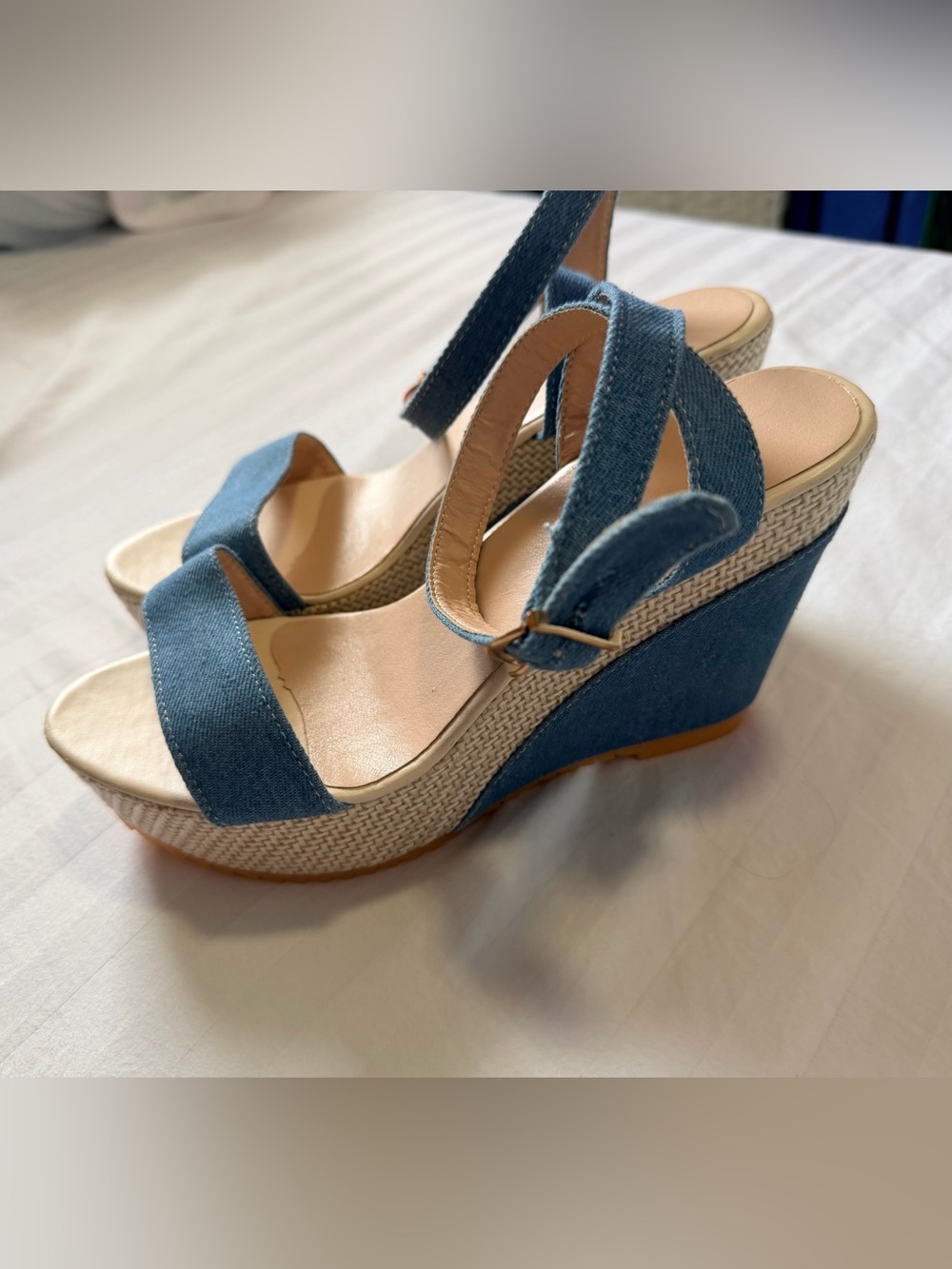 Blue Denim Wedge Sandals with Ankle Strap